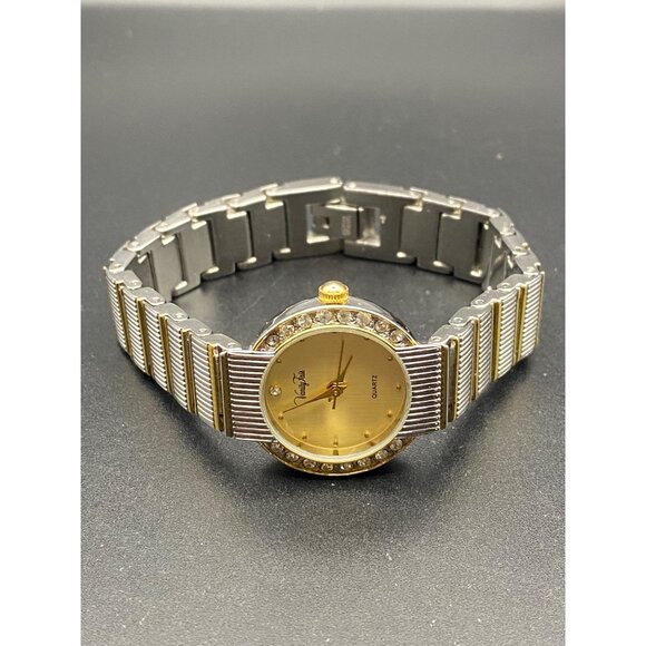 Vanity Fair Quartz Womens Watch Gold Face Crystals Two-Tone Band New Battery - Picture 2 of 6